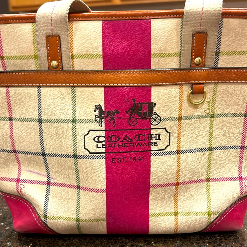 Coach Signature  Magenta,White & Plaid Carryall Zip Lock Purse